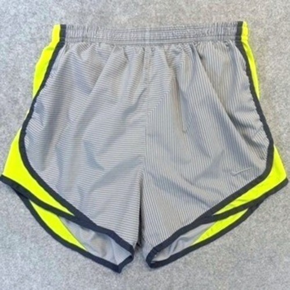 Nike Dri-FIT Tempo Running Shorts Womens XS Grey Pinstripe Neon Yellow Mesh Trim